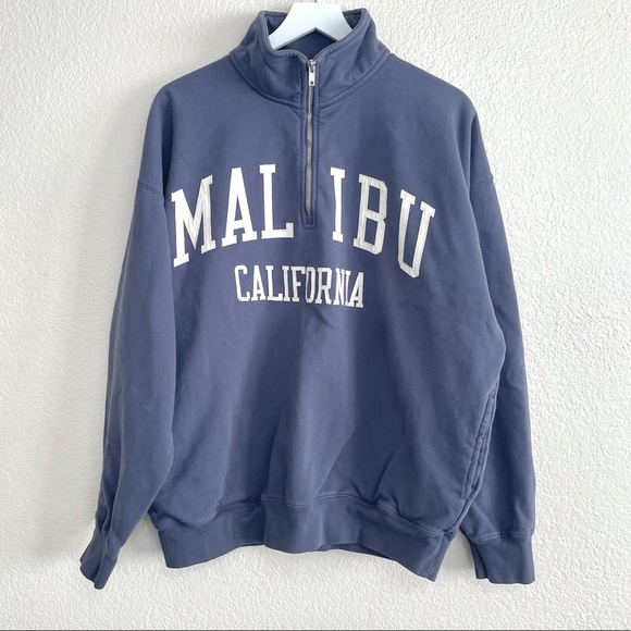 Brandy Melville Tops - Brandy Melville Navy Blue Malibu Graphic Quarter Zip Mock Neck Sweatshirt